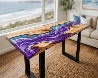 Purple Resin River Table Live Edge Wood Desk Ocean Epoxy Dining Furniture Handmade Luxury Console Industrial Metal Legs Custom Size
