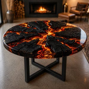 以下が含まれることがあります： ユニークなデザインの丸いコーヒーテーブル。テーブルは黒いベースと、溶岩のような燃えるような模様の天板が特徴です。天板は木材と樹脂で作られており、光沢のある仕上がりです。テーブルの直径は約91cmです。
