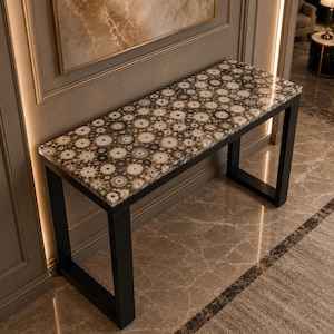 Gray Agate Console Table Luxury Gemstone Entryway Furniture Rectangular Stone Top Black Metal Base Modern Hallway