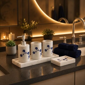 Set di accessori da bagno in marmo con dispenser di sapone intarsiato in lapislazzuli, mobile lavabo in marmo, arredamento bagno di lusso (solo set da bagno)