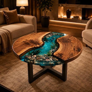 May include: A round coffee table featuring two natural wood slabs with a live edge, separated by a central river of translucent blue resin. The resin section contains embedded seashells, small stones, and green aquatic plants. Black metal legs.