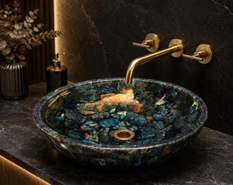 Labradorite Vessel Sink Vanity – Handmade Gemstone Wash Basin  Rustic Bathroom Counter top Cabinet Luxury Natural Stone Bowl (only sink)