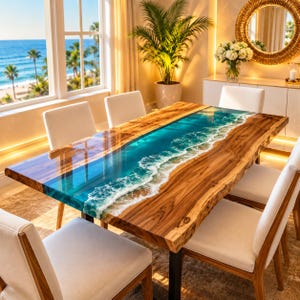 Ocean Wave Epoxy Resin Dining Table Acacia Wood Rectangular Live Edge Coastal Luxury Furniture