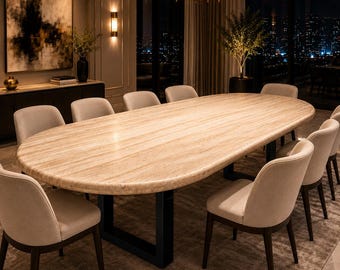 Oval Travertine Dining Table Natural Beige Stone Dining Table Double Pedestal Dining Table (only table top)