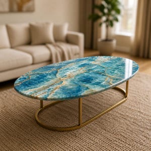 Op de afbeelding: Ovale salontafel met een blauw en goud marmerlook blad. De tafel heeft een gouden metalen onderstel. De tafel is ongeveer 122 cm lang en 61 cm breed.