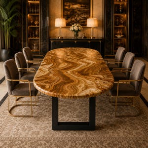 Mesa de comedor de ónix marrón, mesa de comedor ovalada de lujo en piedra, mesa de comedor de mármol ónix hecha a mano (solo tablero).