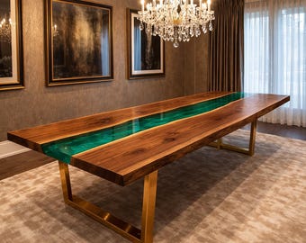 Epoxy River Dining Table Green Walnut Live Edge Luxury Wooden Resin Table Modern Designer Furniture Handmade