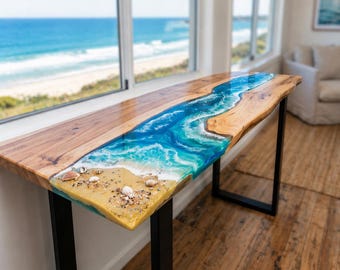 Ocean Resin Console Table Beach Epoxy Entryway Desk Live Edge Wood Sofa Bar Coastal Handmade Luxury Furniture