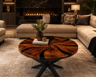 Round Wood Resin Coffee Table Spiral Black Epoxy Top Modern Luxury Living Room Furniture