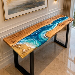 Ocean Epoxy Resin Console Table Live Edge Wood River Furniture Coastal Entryway Hallway Beach  Table
