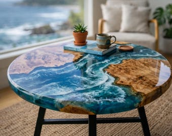 Mesa de centro Ocean Epoxy, mesa de resina y madera, mesa Coastal Wave, mesa redonda de centro, muebles de lujo para sala de estar, mesa hecha a mano