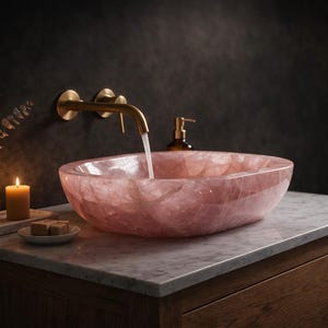 Handcrafted rose quartz vessel sink with polished pink natural stone texture, installed on marble vanity in a luxury bathroom setting