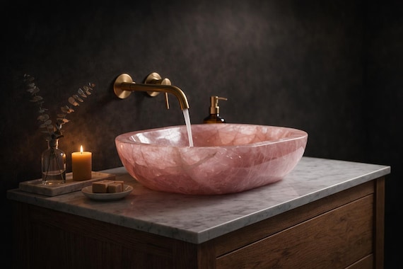 Rose Quartz Vessel Sink | Handmade Natural Stone Bathroom Wash Basin | Luxury Pink Stone Vanity Sink (only sink)