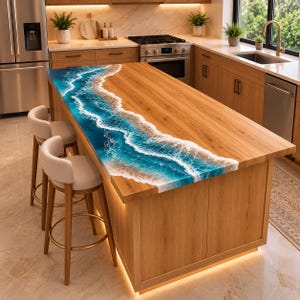 Ocean Epoxy Kitchen Island Table Solid Wood Rectangular Coastal Wave Luxury Countertop Handcrafted Modern Rustic Furniture