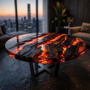 May include: A round coffee table with a unique design. The table features a clear resin top with a fiery orange and red glow, and embedded dark wood pieces. The table has a black metal base.