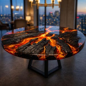 Mesa de comedor redonda de resina epoxi con efecto lava, mesa de fuego de madera carbonizada que brilla, muebles de lujo modernos para interiores.