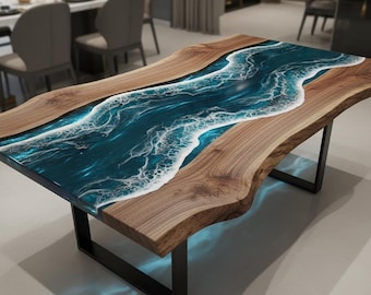 Mesa de resina oceánica River, mesa de comedor de nogal con borde natural, mesa de resina epoxi personalizada con efecto de onda azul, muebles de cocina y conferencias de lujo
