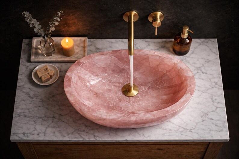 Handmade rose quartz stone vessel sink top view showing natural crystal patterns and polished pink finish
