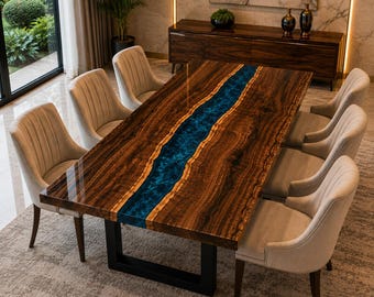 Blue Epoxy Resin River Dining Table Walnut Wood Rectangular Live Edge Luxury Handmade Modern Statement