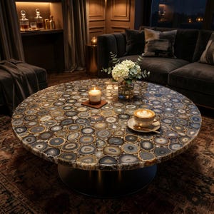 May include: A round coffee table with a unique agate stone top. The table features a mosaic of gray, white, and gold-toned agate slices. A lit candle, a cup of coffee, and a vase of white flowers are on the table. The table has a black metal base.