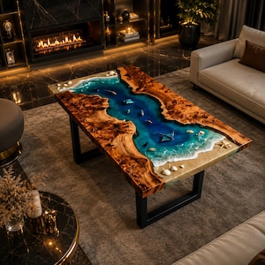 Ocean Epoxy River Dining Table Live Edge Wood Resin Table Beach Wave Dining Table Coastal Luxury Dining Furniture