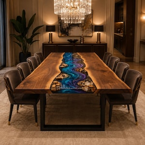 Table de salle à manger rivière en noyer massif avec incrustations de résine bleue et violette, table de salle à manger de luxe sur mesure en bois avec piètement en métal noir