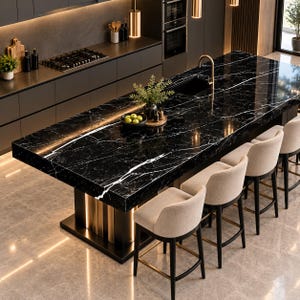 Pode incluir: Uma grande ilha de cozinha com bancada de mármore preto com veios brancos, pia embutida e torneira dourada. A base é preta com detalhes dourados verticais e iluminação integrada, acompanhada por quatro banquetas de bar bege.