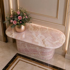 Pink Onyx Console Table Luxury Marble Entryway Table Oval Stone Furniture Modern Hallway Decor Handmade