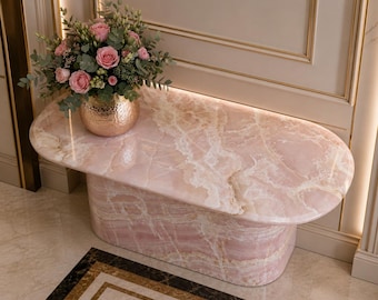 Mesa consola de ónix rosa, mesa de entrada de mármol de lujo, mueble ovalado de piedra, decoración moderna para pasillo, hecha a mano.