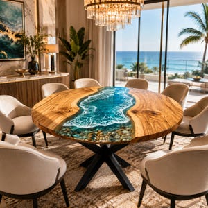 Puede incluir: Una mesa de comedor redonda con una superficie de madera natural que presenta un diseño de río central hecho de resina azul, detalles de espuma blanca y piedras de río incrustadas, sobre una base de metal negro y seis sillas beige.