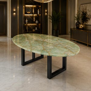 Green Onyx Dining Table Oval Luxury Marble Top Gold Base Modern Statement Furniture Handmade Stone Table (only table top)