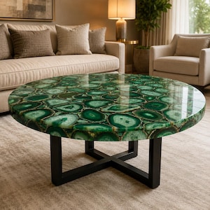 Green Agate Coffee Table Round Gemstone Center Table Luxury Living Room Cocktail Table Handmade Stone Furniture Custom Coffee Table