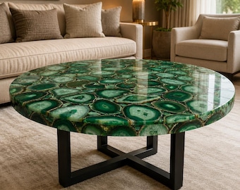 Green Agate Coffee Table Round Gemstone Slice Mosaic Modern Luxury Living Room Statement Furniture Handmade Decor