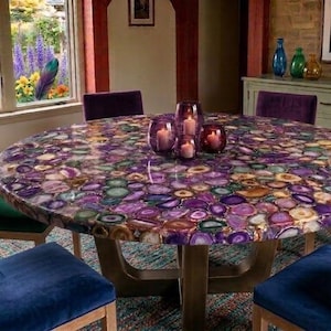 Mesa de comedor de ágata púrpura, lujosa mesa redonda con tablero de piedra preciosa, mueble de epoxi hecho a mano, decoración moderna para el hogar, pieza de diseño