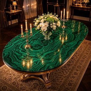 Può includere: Un tavolo da pranzo ovale con una superficie lucida dal motivo in malachite verde e una base dorata. Il tavolo è decorato con due candelabri dorati con candele bianche accese e un vaso di vetro riempito di orchidee bianche e fiori verdi.