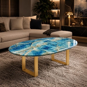 Blue Onyx Coffee Table Oval Marble Center Table Luxury Living Room Furniture Gold Base Modern Designer Table (only table top)