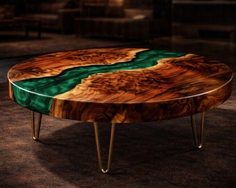Mesa de centro redonda de resina epoxi River de nogal y resina verde / Mesa de centro de lujo hecha a mano / Tamaños personalizados disponibles