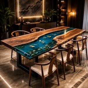 May include: A rectangular dining table featuring a live edge walnut wood slab with a central river inlay made of translucent blue resin. The resin section contains embedded stones and gold leaf accents. The table rests on black metal legs.