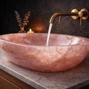 Close-up of natural rose quartz stone sink displaying crystal texture, pink tones, and premium polish finish