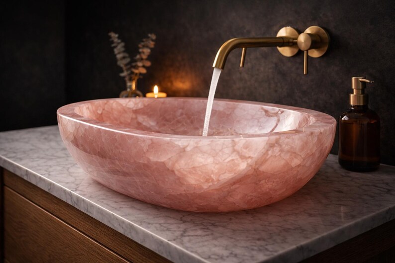 Close-up of natural rose quartz stone sink displaying crystal texture, pink tones, and premium polish finish