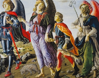 May include: A framed print of a Renaissance-style painting depicting several figures with wings. The figures are dressed in colorful robes and armor, and are walking on a rocky terrain. One figure holds a sword.
