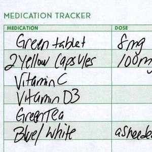 May include: A handwritten medication tracker with the title "MEDICATION TRACKER". The chart lists medications like "Green tablet" and "2 Yellow Capsules", with dosages and times. Check marks indicate when the medication was taken.