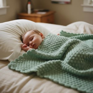 Op de afbeelding: Een slapende baby ligt op een bed, bedekt met een zachte, mintgroene gebreide deken. De deken heeft een geschulpte rand en een textuurpatroon. De baby rust op een wit kussen, wat een serene en vredige scène creëert.