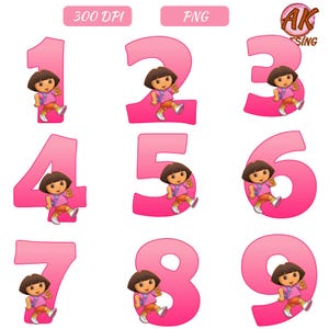 May include: Pink number graphics 1 through 9, each featuring a cartoon character. The numbers are in a gradient pink color, and the character is wearing a pink backpack, orange shorts, and white shoes. The image also includes the text "300 DPI" and "PNG".