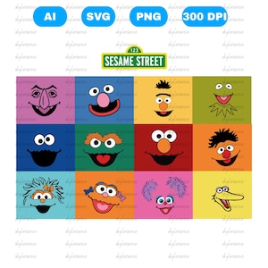 May include: A colorful digital graphic featuring the faces of Sesame Street characters. The image includes the Sesame Street sign and icons for AI, SVG, and PNG file types. The faces are arranged in a grid on various colored backgrounds.