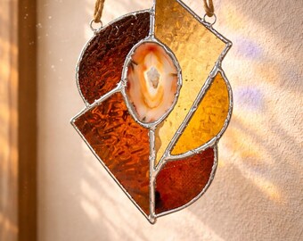Stained Glass Suncatcher with Natural Agate – Warm Amber Geometric Decor