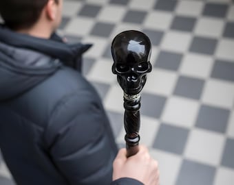 Handmade Skull Walking Cane - Gothic Gift Halloween Vampire Wooden Stick 93cm Black
