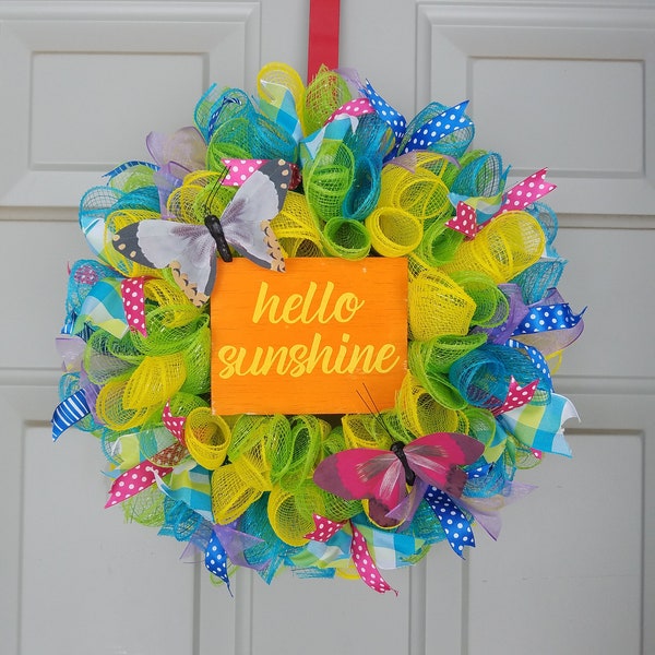 13 inch Hello Sunshine - Spring Summer Mesh Wreath/ Wreath Wall Hanging/ Door Hanging Decor/ Office Wall Decor/ Bright Color Wreath
