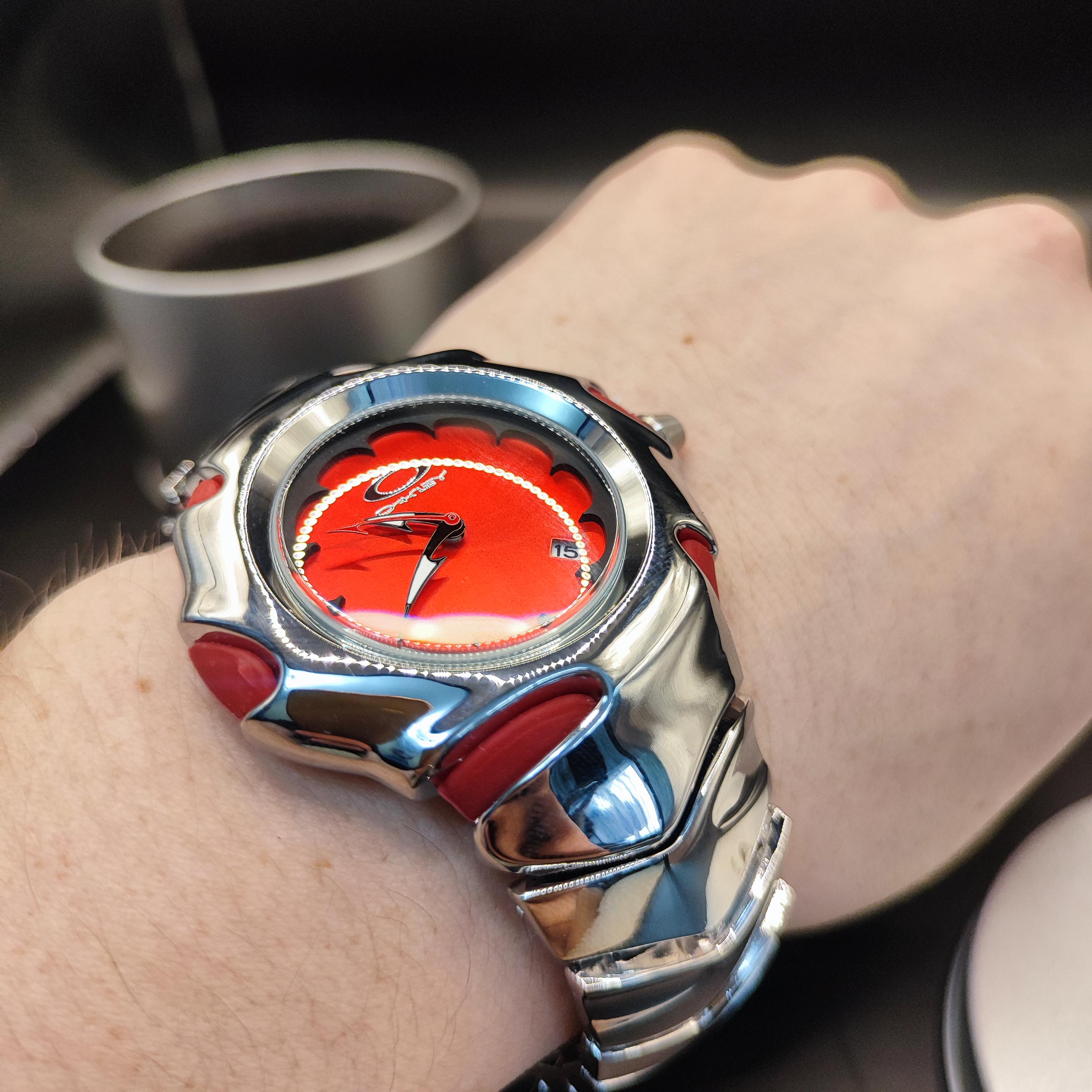 Oakley Blade Style Watch – Futuristic Y2K Red Flower Dial Silver