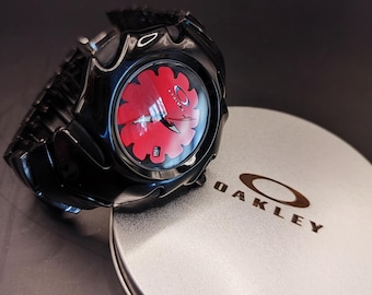 Reloj Oakley Blade Style: reloj de pulsera tecnológico negro con esfera de flor roja futurista Y2K